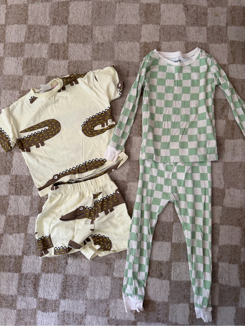 Kids Light Green Checkered Pajama Set and Cream Crocodile Print Short Pajama Set